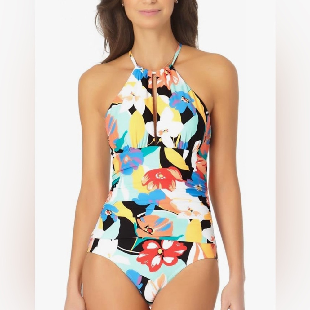 Anne Cole Women's Printed High Neck One Piece Swimsuit White Multi Color Size 12